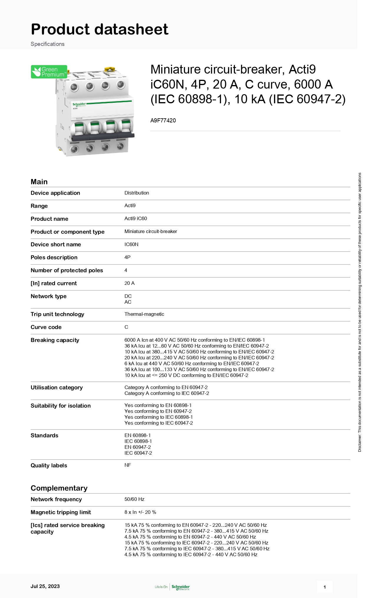 Interruttore Magnetotermico Schneider Electric IC60N 4P 20A D - 4 Poli, Curva D, 20 Ampere