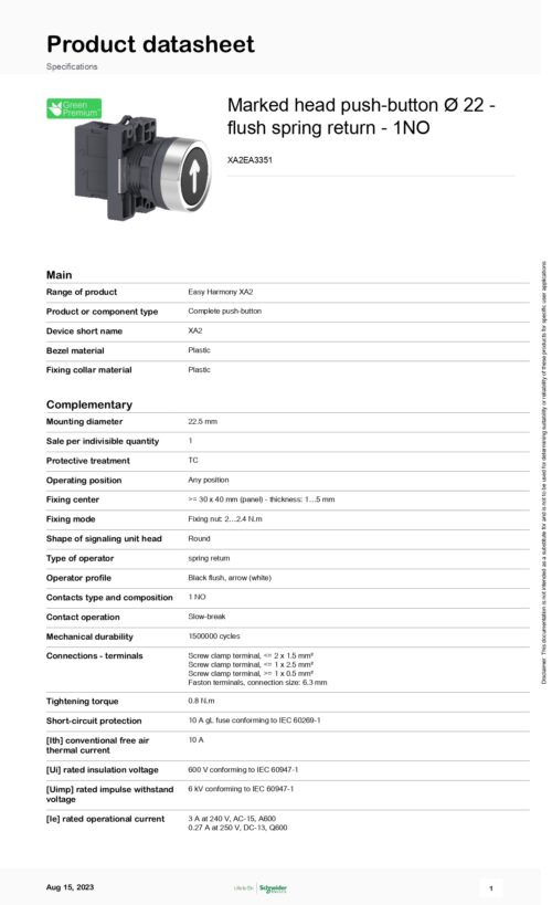 XA2EA3351 Marked head push-button Ø22 -1NO Schneider - Image 2