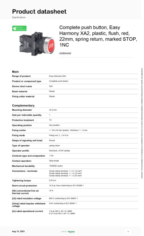 ⁦XA2EA4342 Push button, Plastic, Flush, red, marked STOP, 1NC Schneider⁩ - الصورة ⁦2⁩