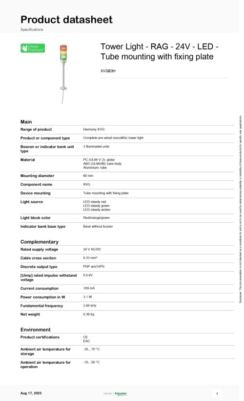 XVGB3H 3 Cells Tower Light, 24VDC, Schneider - Image 2