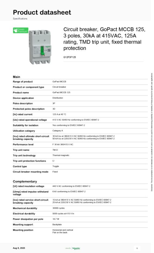 ⁦G12F3F125 MCCB, 3P, 125A, 30KA, Schneider⁩ - الصورة ⁦2⁩