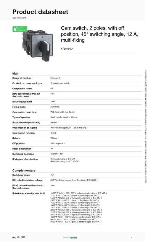 K1B002ALH Cam switch, 2 poles, 12A Schneider - Image 2