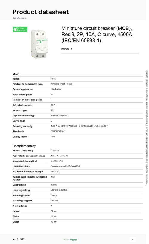 R9F32210 MCB, 2P, 10A, 4.5KA, Schneider - Image 2