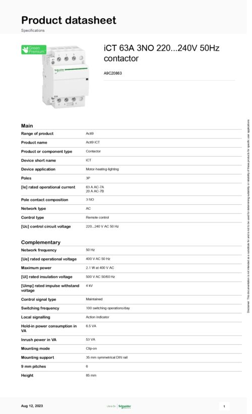 ⁦A9C20863 CONTACTOR, 3P, 63A, 240V, Schneider⁩ - الصورة ⁦2⁩