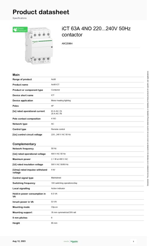 ⁦A9C20864 CONTACTOR, 4P, 63A, 240V, Schneider⁩ - الصورة ⁦2⁩