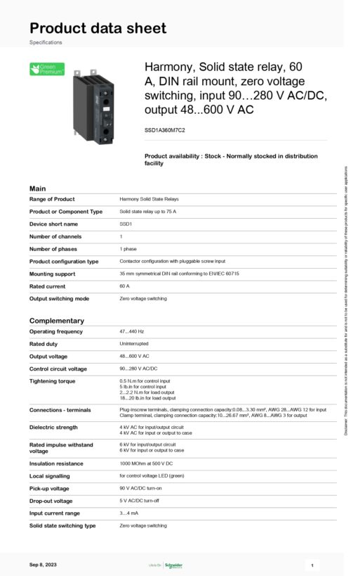 SSD1A360M7C2 Solid State Relay 60A, 48 - 600 VAC, Schneider - Image 2