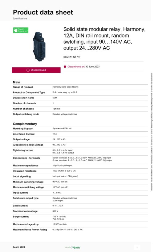 SSM1A112F7R Solid State Relay 12A, 48~600V AC, Schneider - Image 2