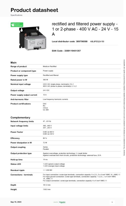 ⁦ABL8FEQ24150 Power Supply, 15A, 230~400VAC, Schneider⁩ - الصورة ⁦2⁩