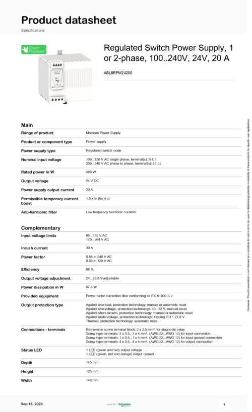 ⁦ABL8RPM24200 Power Supply, 20A, 100~500V, 24V, Schneider⁩ - الصورة ⁦2⁩