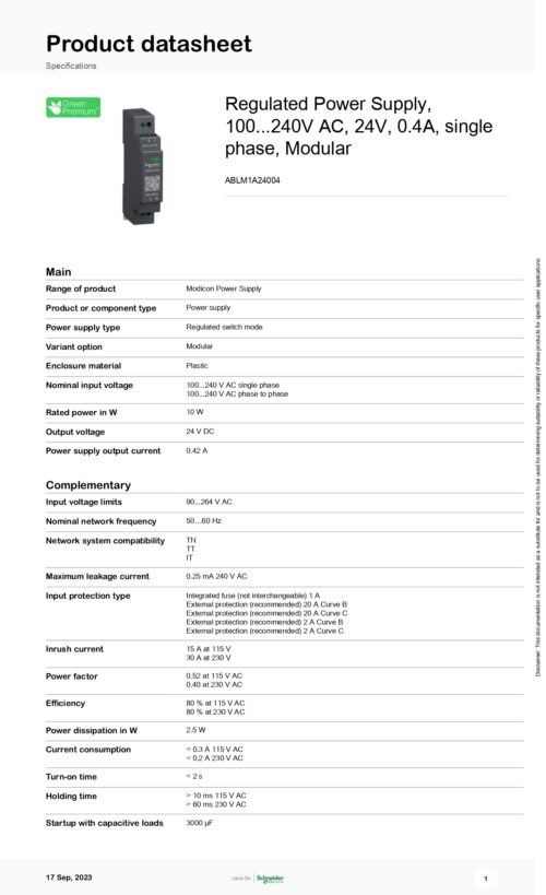 ABLM1A24004 Power Supply, 0.42A, 24VDC, Schneider - Image 2