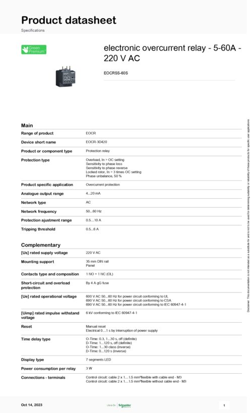 EOCRSS-60S Electronic Overcurrent Relay, 6A, 220V AC, Schneider - Image 2