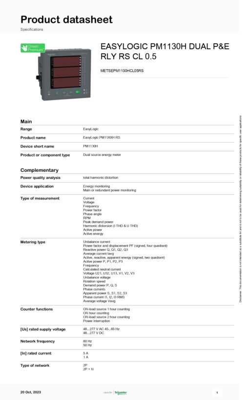 METSEPM1130HCL05RS Dual Source Energy Meter, PM1130H DUAL P&E RLY RS CL 0.5, Schneider - Image 2