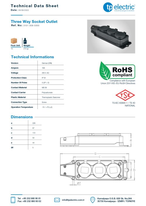 3101-308-0300 Three Way Socket Outlet, 2P+P, IP54, 16A, 250V AC, TP Electric - Image 2