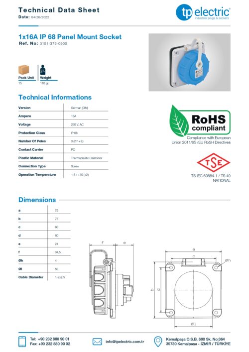 ⁦3101-375-0900 Panel Mount Socket Outlet, 2P+P, IP68, 16A, 250V AC, TP Electric⁩ - الصورة ⁦2⁩