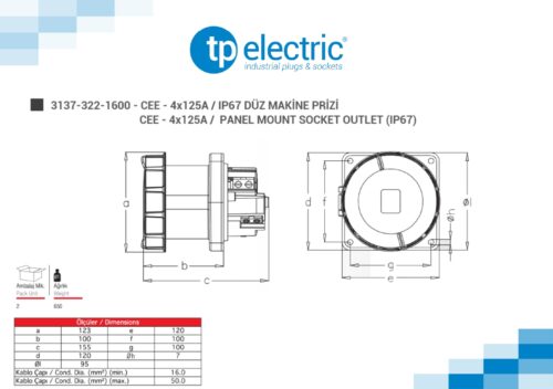 ⁦3137-322-1600 Plug And Socket, 3P+PE, IP67, 125A, 380V, TP Electric⁩ - الصورة ⁦2⁩