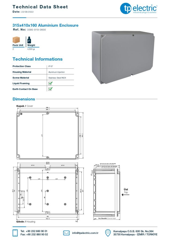 3390-919-0600 Distribution box aluminum , IP67, 16X31X41 , TP Electric ...