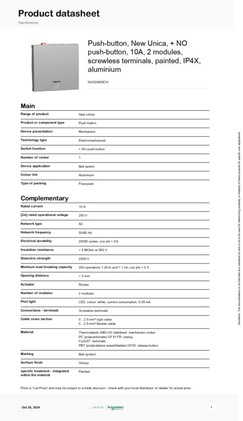 NU320630CN Push-button, New Unica, + NO push-button, 10A, 2 modules, Schneider - Image 2