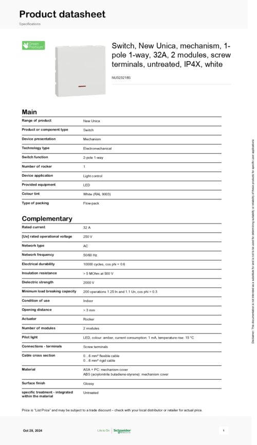 NU323218S Switch, New Unica, mechanism, 1-pole 1-way, 32A, 2 modules, Schneider - Image 2