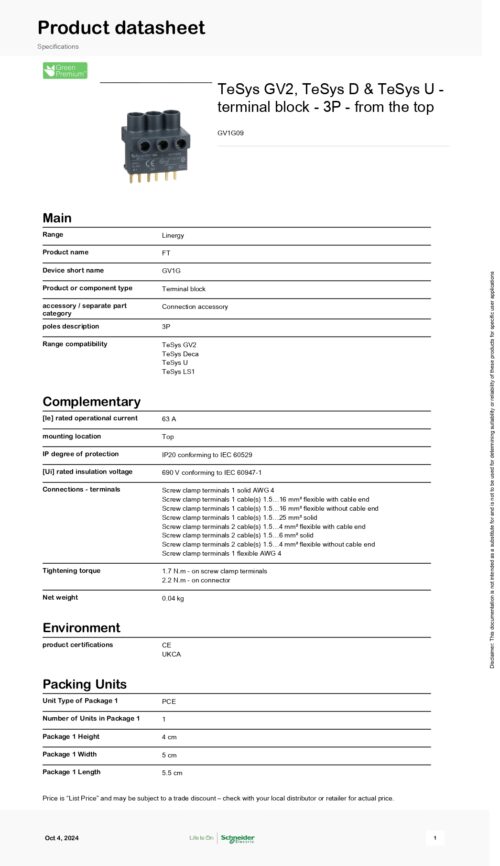 GV1G09 Terminal block, 63A, 3P, Schneider - Image 2
