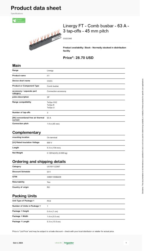 ⁦GV2G345 Linergy FT - Comb busbar - 63 A - 3 tap-offs - 45 mm pitch⁩ - الصورة ⁦2⁩