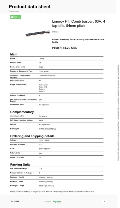 GV2G454 Linergy FT, Comb busbar, 63A, 4 tap-offs, 54mm pitch - Image 2