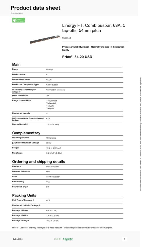 GV2G554 Linergy FT, Comb busbar, 63A, 5 tap-offs, 54mm pitch - Image 2