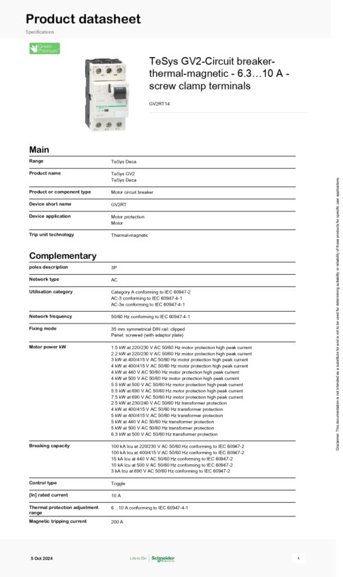 GV2RT14 Motor circuit breaker, thermal magnetic circuit protector, 3P, 6.3~10A, Schneider - Image 2