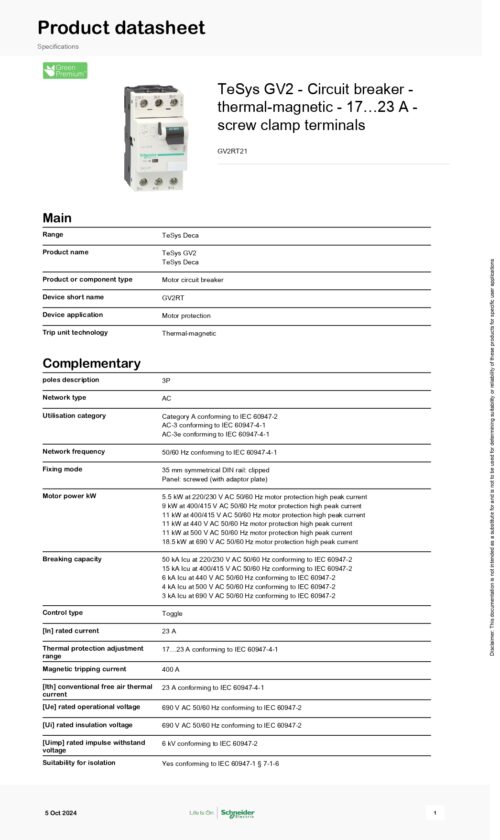 GV2RT21 Motor circuit breaker, thermal magnetic circuit protector, 3P, 17~23A, Schneider - Image 2