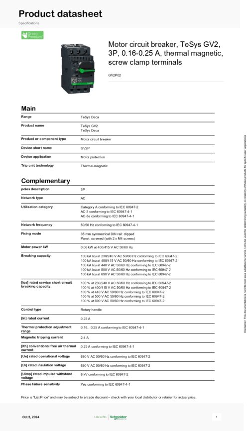 ⁦GV2P02 Motor circuit breaker,3P, 0.16~0.25A,thermal magnetic⁩ - الصورة ⁦2⁩