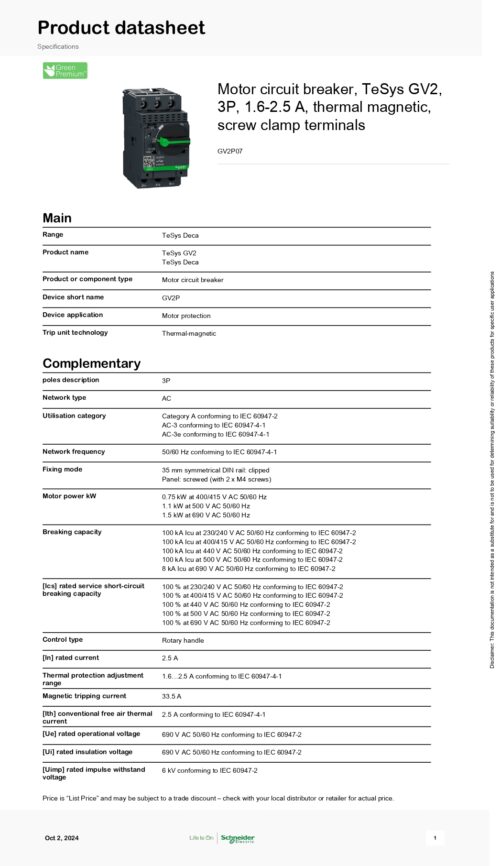 ⁦GV2P07 Motor circuit breaker,3P, 1.6~2.5A,thermal magnetic⁩ - الصورة ⁦2⁩