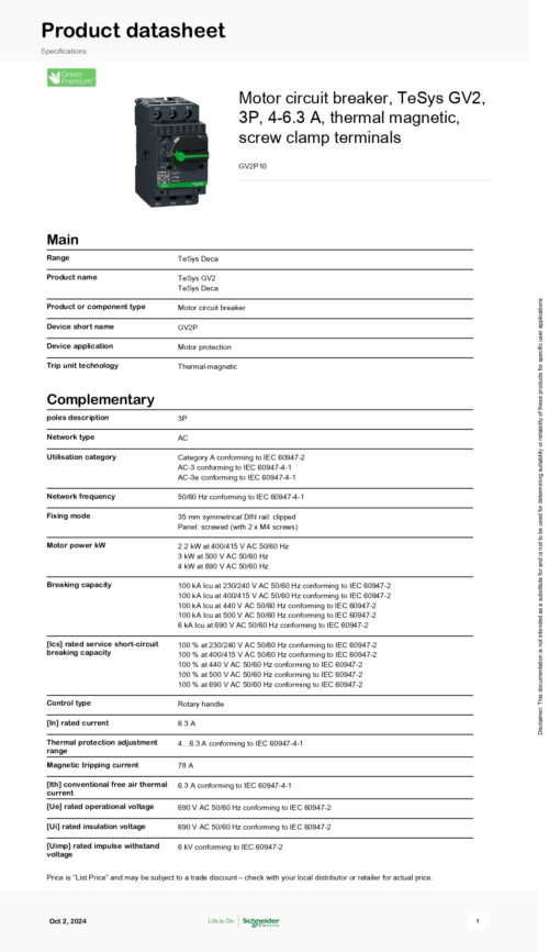 ⁦GV2P10 Motor circuit breaker,3P, 4~6.3A,thermal magnetic⁩ - الصورة ⁦2⁩