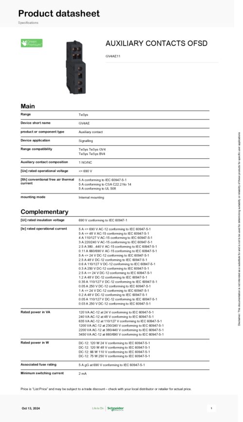 GV4AE11 Auxiliary contact, 1 NO/NC, 690V - Image 2