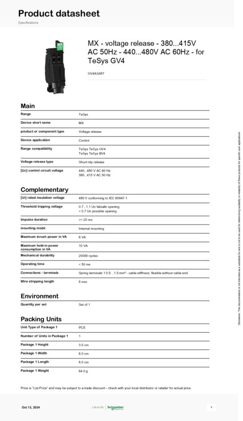 GV4AS487 Voltage Release - 380...415V AC 50Hz - 440...480V AC 60Hz - Image 2