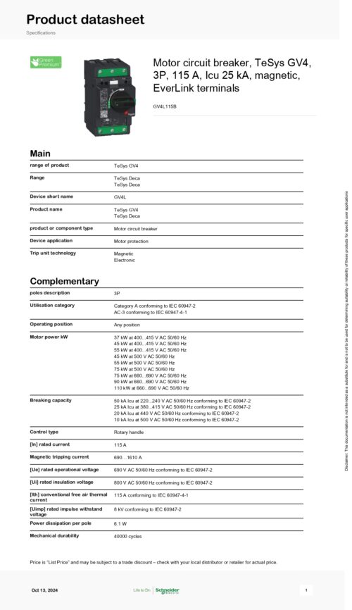 GV4L115B Motor circuit breaker, 3P, 115A, 25KA, Schneider - Image 2