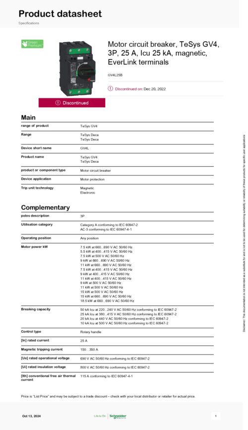 GV4L25B Motor circuit breaker, 3P, 25A, 25KA, Schneider - Image 2